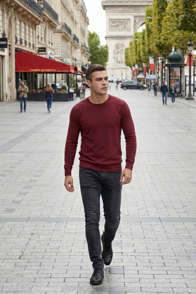 Mateo Crew Neck Men's Knitwear Sweater Claret Red - 3