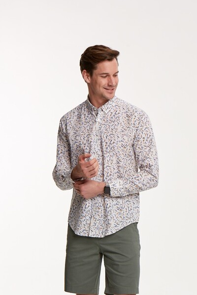 VOLTAJ - Mavi Turuncu Desenli Pamuklu Beyaz Slim Fit Erkek Gömlek (1)