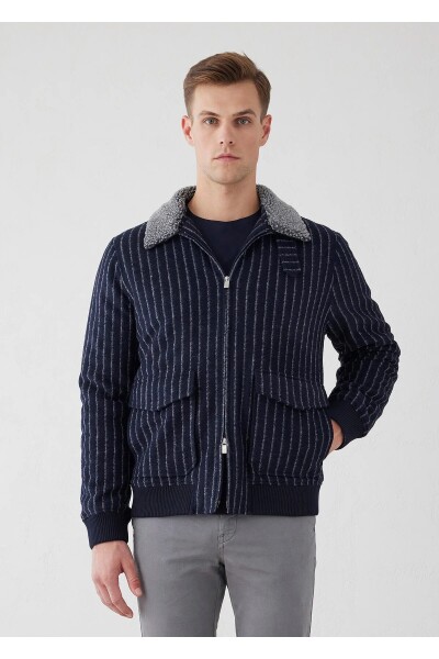 Mendes Navy Blue Striped Wool Coat - 1