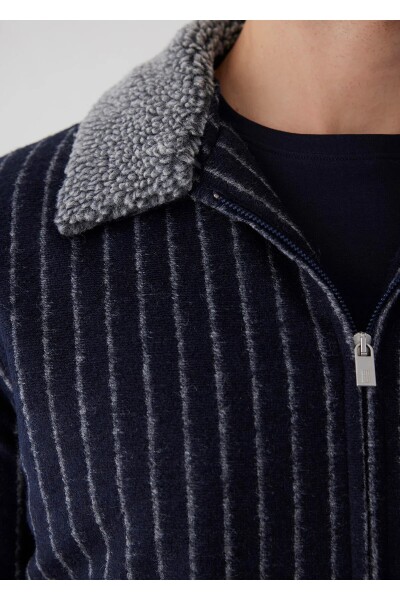 Mendes Navy Blue Striped Wool Coat - 3