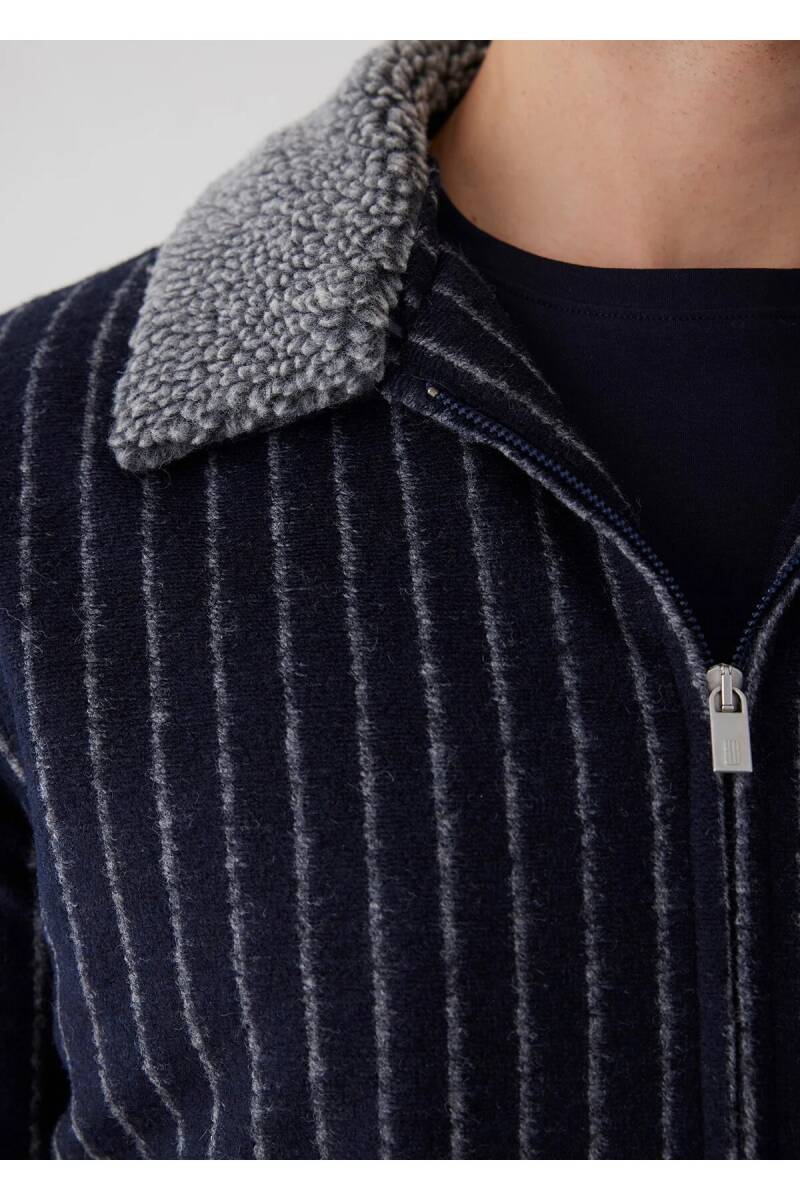 Mendes Navy Blue Striped Wool Coat - 3