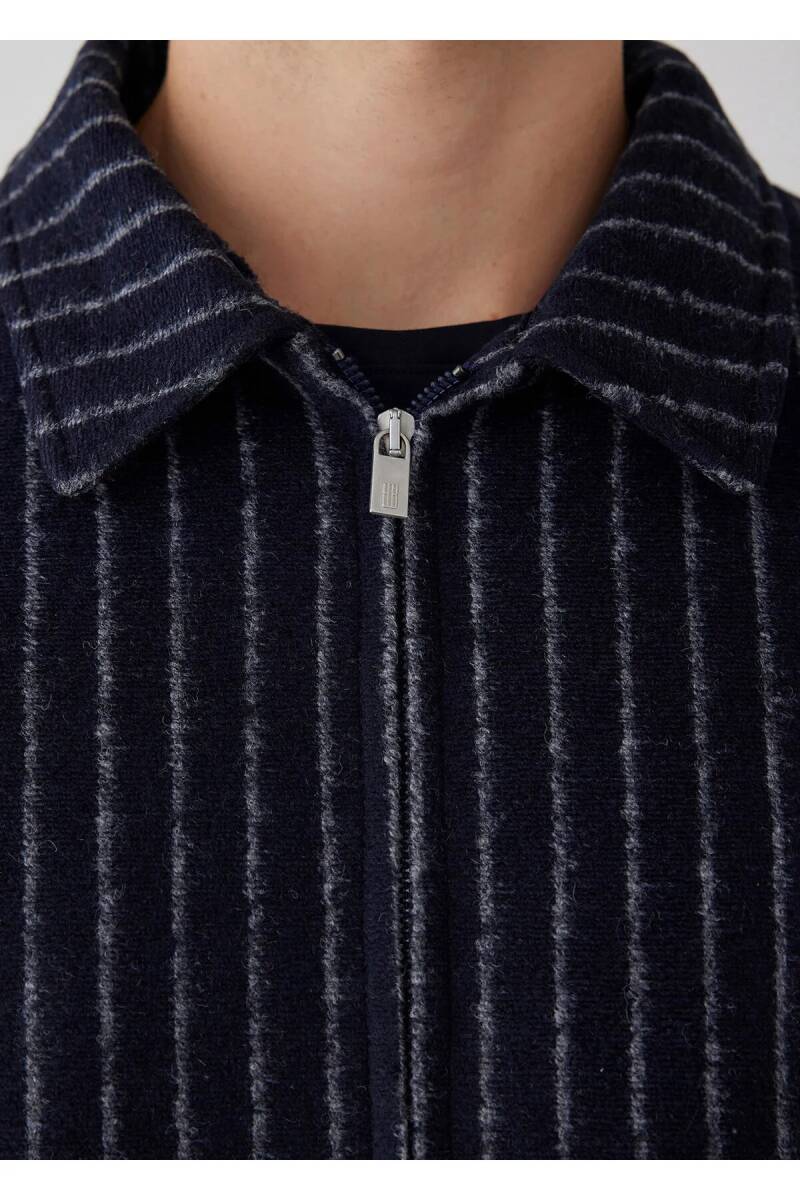 Mendes Navy Blue Striped Wool Coat - 5
