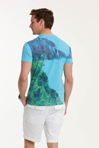 Mountain and Sea Printed Round Neck Men's T-Shirt - Thumbnail