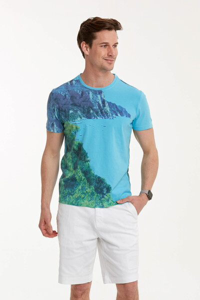 VOLTAJ - Mountain and Sea Printed Round Neck Men's T-Shirt