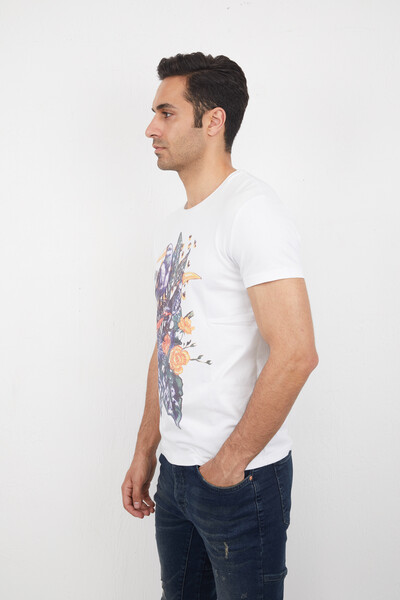 Мужская футболка с круглым вырезом и цветочным принтом с птицами - Thumbnail