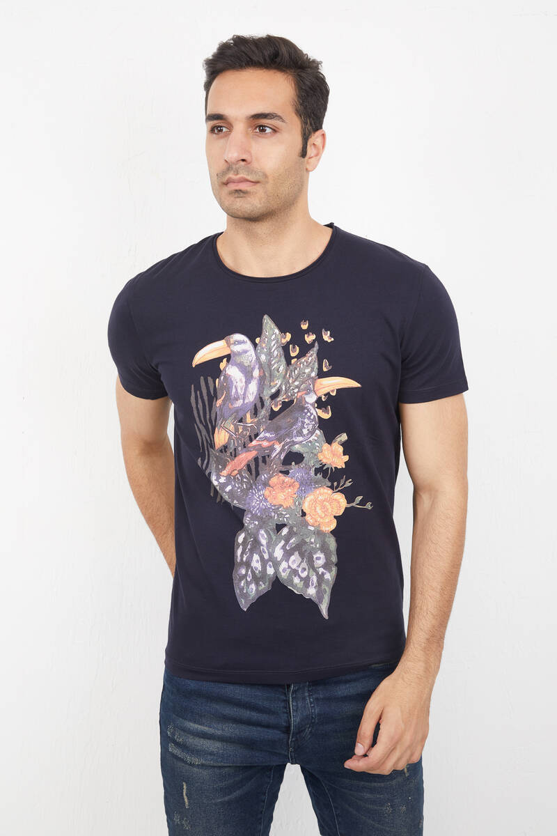 Мужская футболка с круглым вырезом и цветочным принтом с птицами