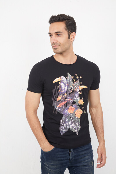 Мужская футболка с круглым вырезом и цветочным принтом с птицами - Thumbnail