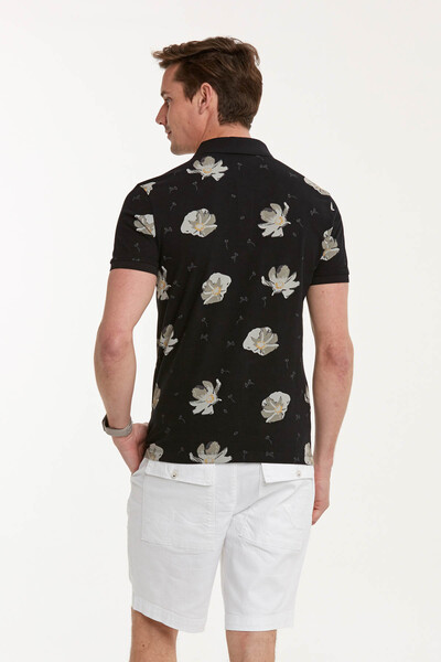 Мужская футболка с воротником-поло и цветочным узором - Thumbnail