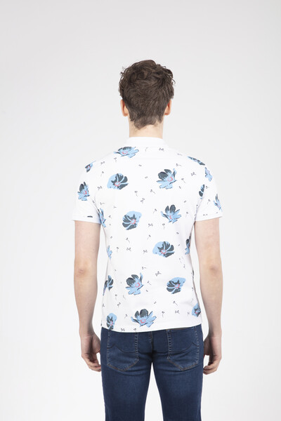 Мужская футболка с воротником-поло и цветочным узором - Thumbnail