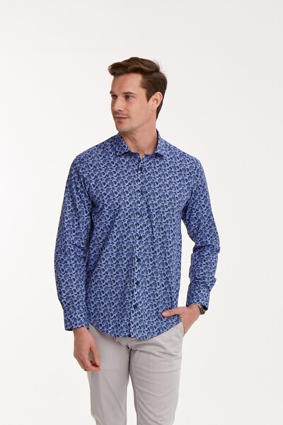 Paisley Patterned Cotton Blue Slim Fit Men's Shirt - Thumbnail