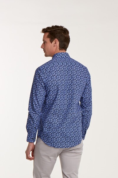 Paisley Patterned Cotton Blue Slim Fit Men's Shirt - Thumbnail