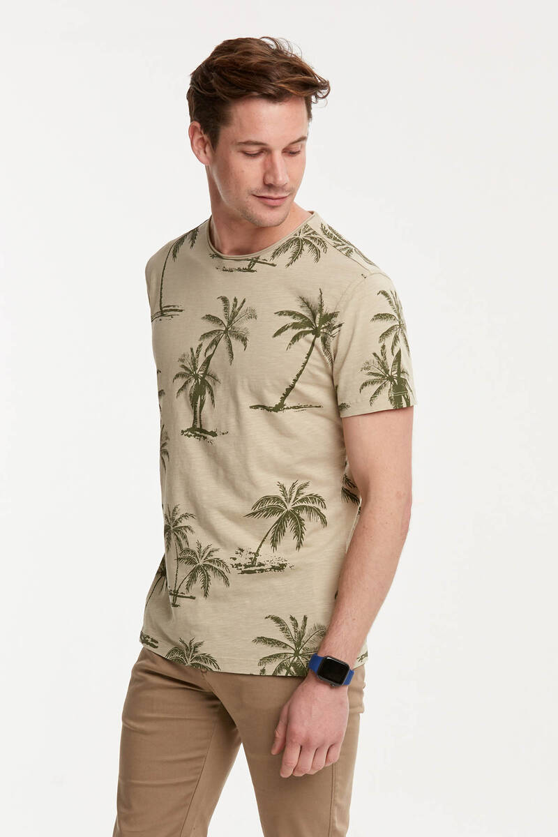 Palm Printed Round Neck Men's T-Shirt - 10