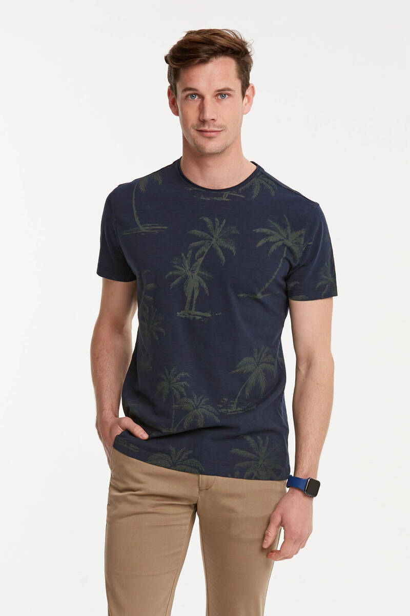 Palm Printed Round Neck Men's T-Shirt - 13