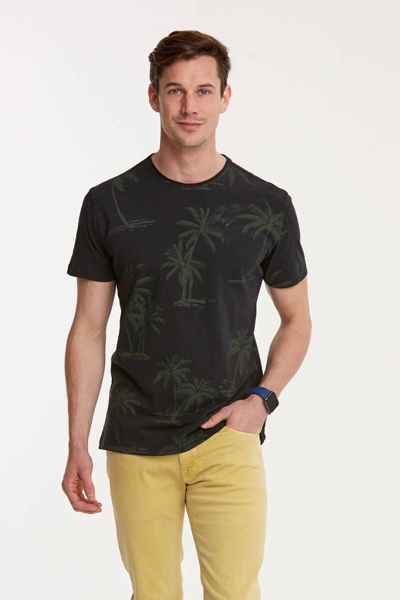 Palm Printed Round Neck Men's T-Shirt - 5