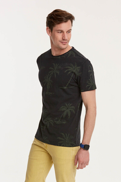 Palm Printed Round Neck Men's T-Shirt - 6