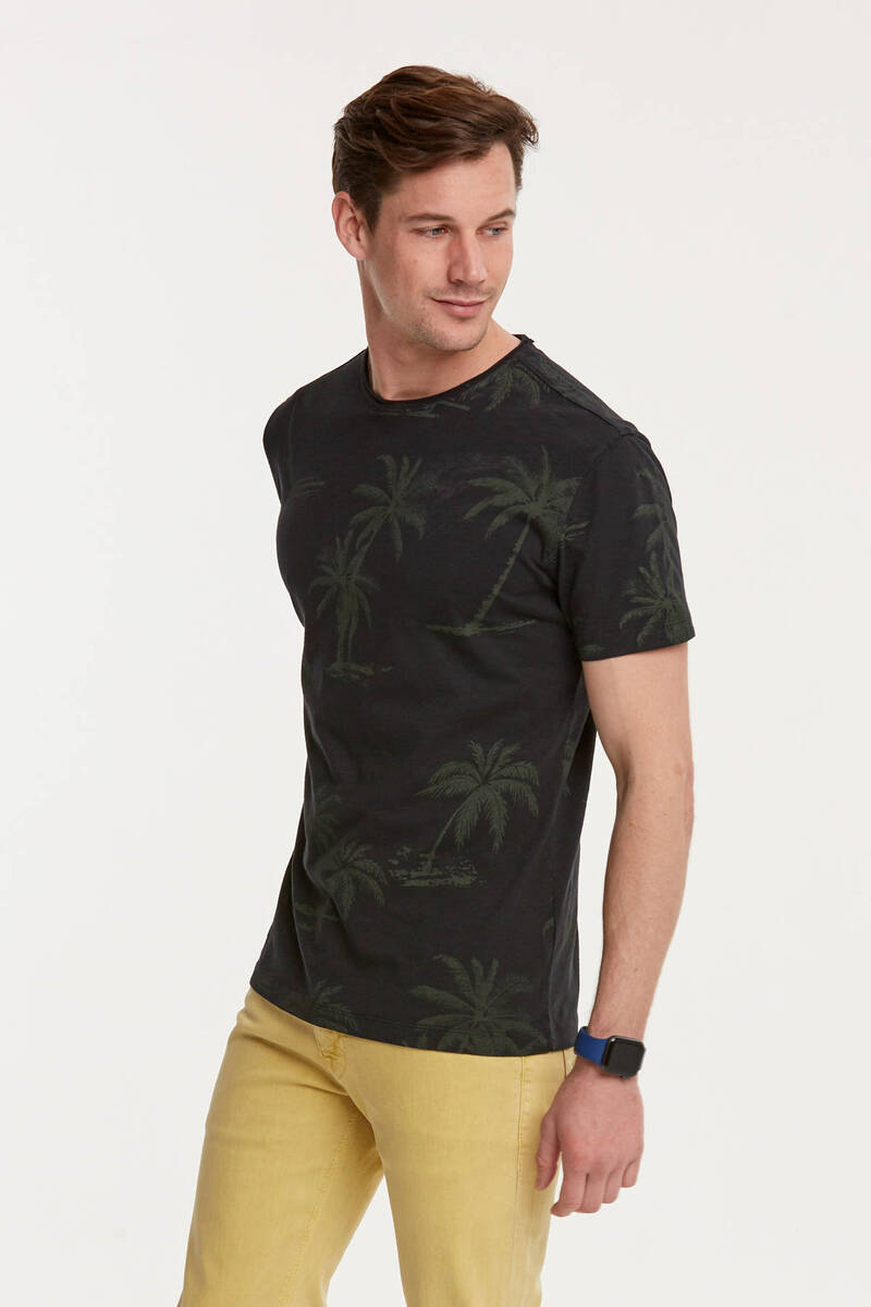 Palm Printed Round Neck Men's T-Shirt - 6