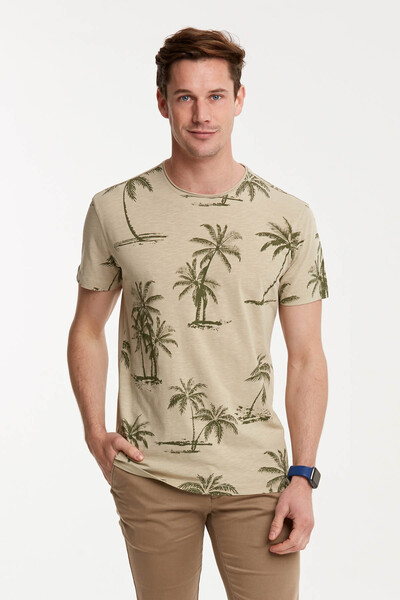 Palmiye Baskılı Bisiklet Yaka Erkek T-Shirt - 9