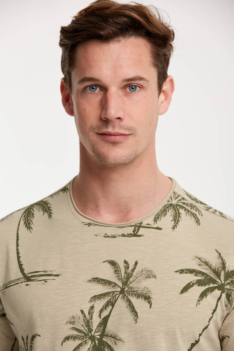 Palmiye Baskılı Bisiklet Yaka Erkek T-Shirt - 11