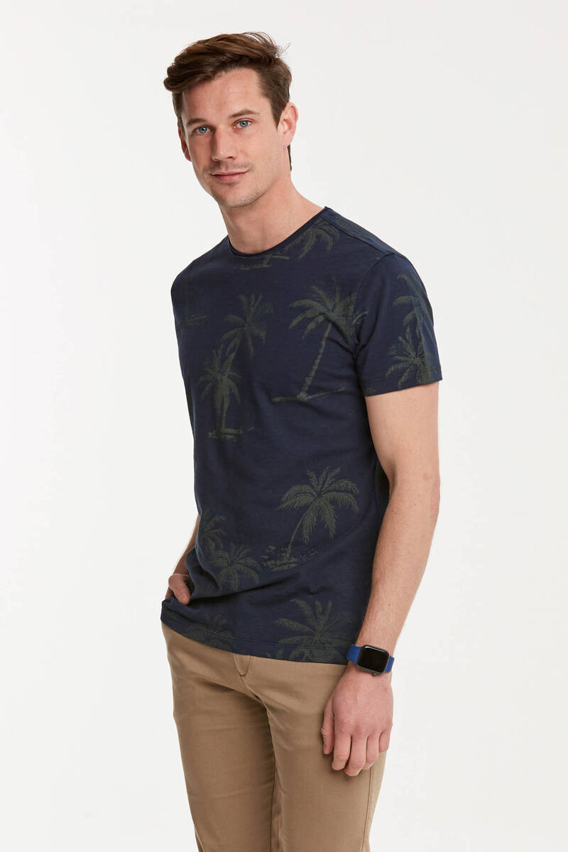 Palmiye Baskılı Bisiklet Yaka Erkek T-Shirt - 14