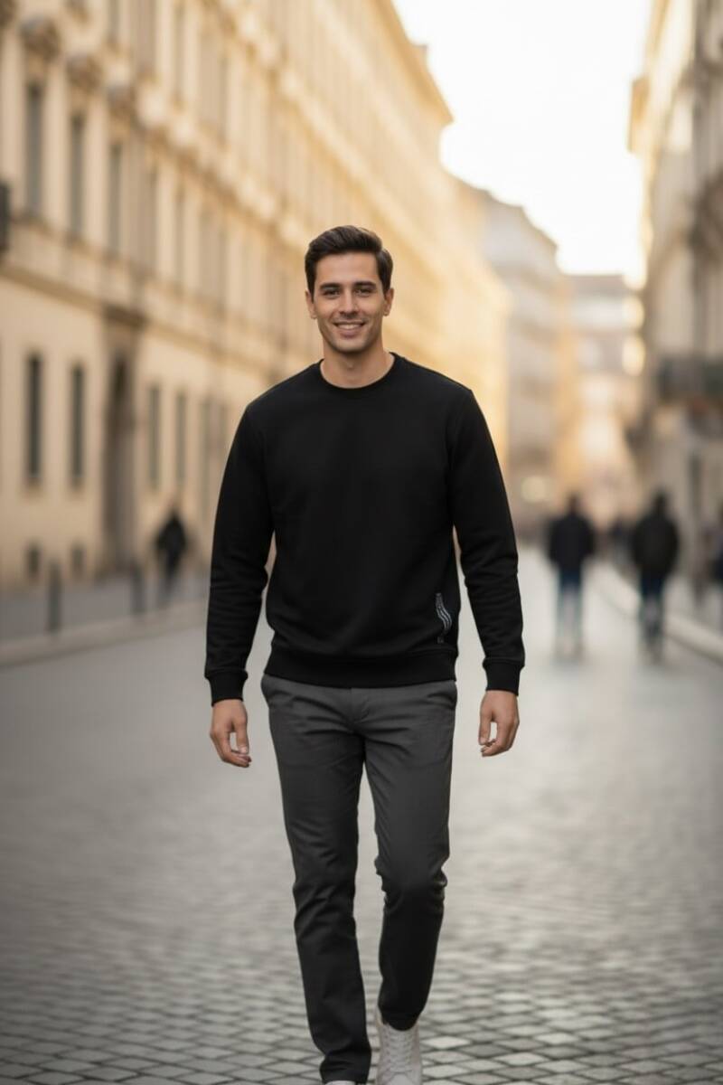 Paolo Bisiklet Yaka Erkek Sweatshirt Siyah - 2