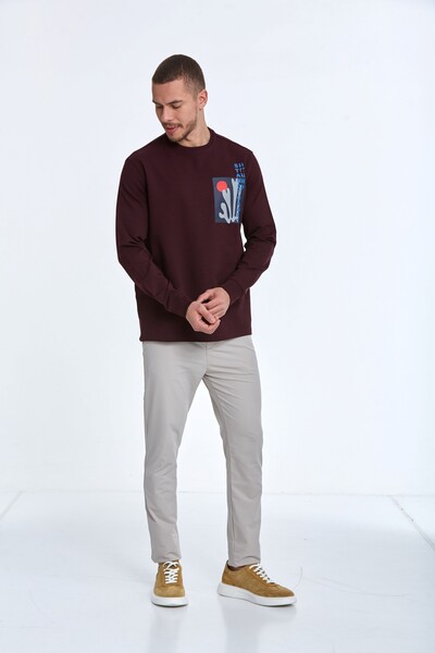 Pattern Bisiklet Yaka Erkek Sweatshirt Bordo - 3