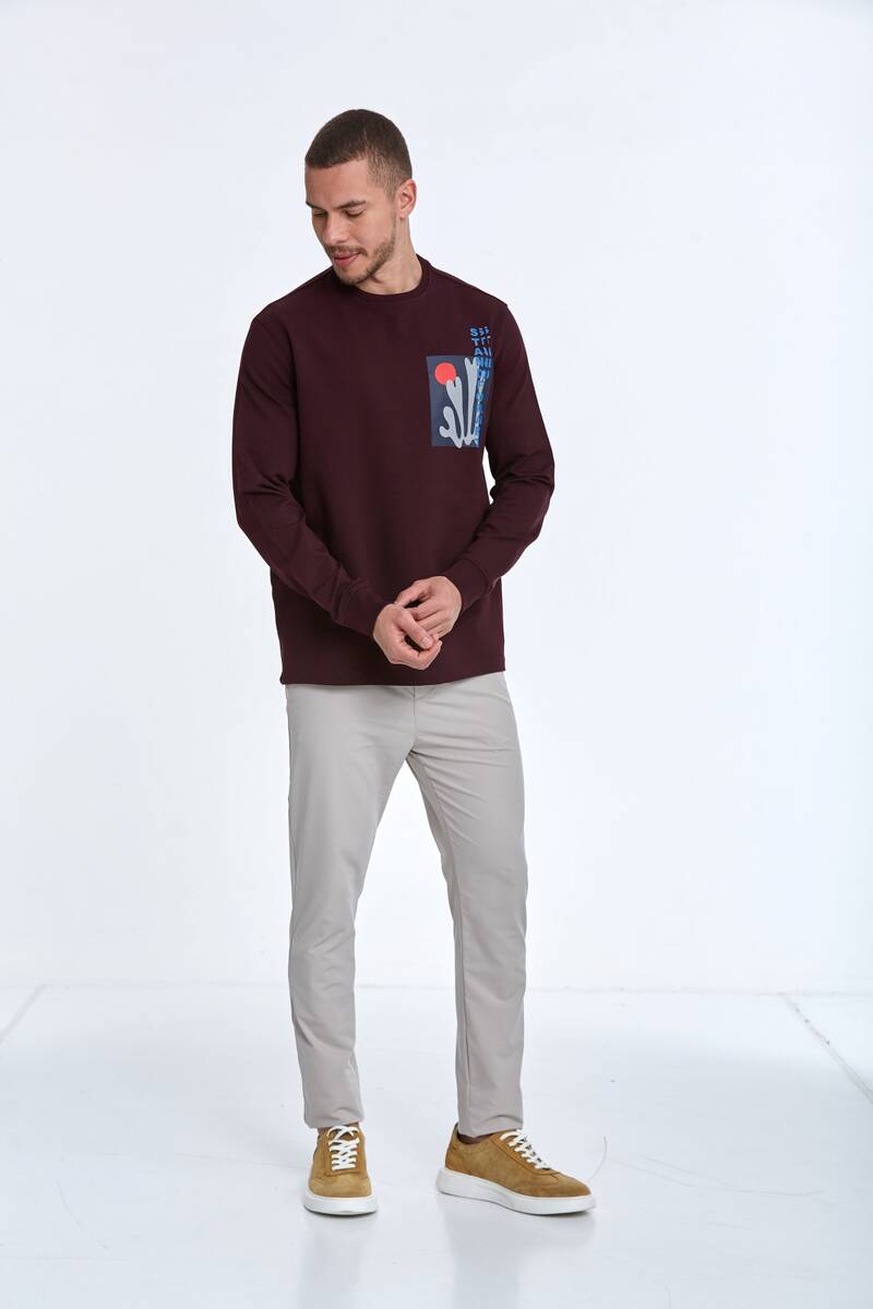 Pattern Bisiklet Yaka Erkek Sweatshirt Bordo - 3