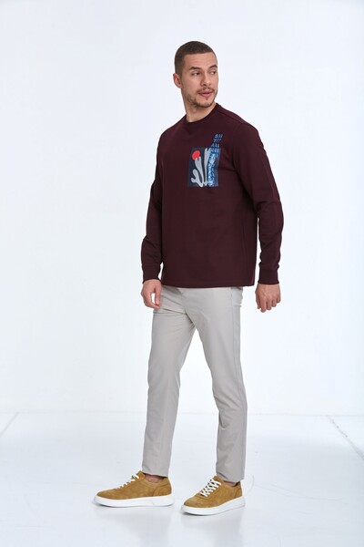 Pattern Bisiklet Yaka Erkek Sweatshirt Bordo - 4
