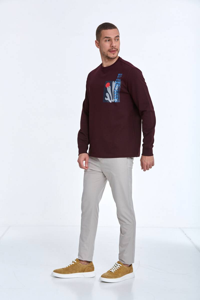 Pattern Bisiklet Yaka Erkek Sweatshirt Bordo - 4