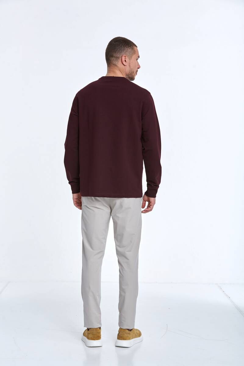 Pattern Bisiklet Yaka Erkek Sweatshirt Bordo - 5
