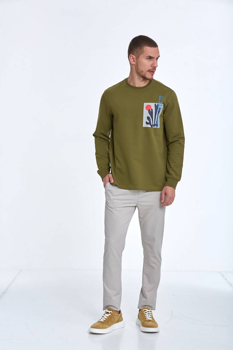 Pattern Bisiklet Yaka Erkek Sweatshirt Haki - 2
