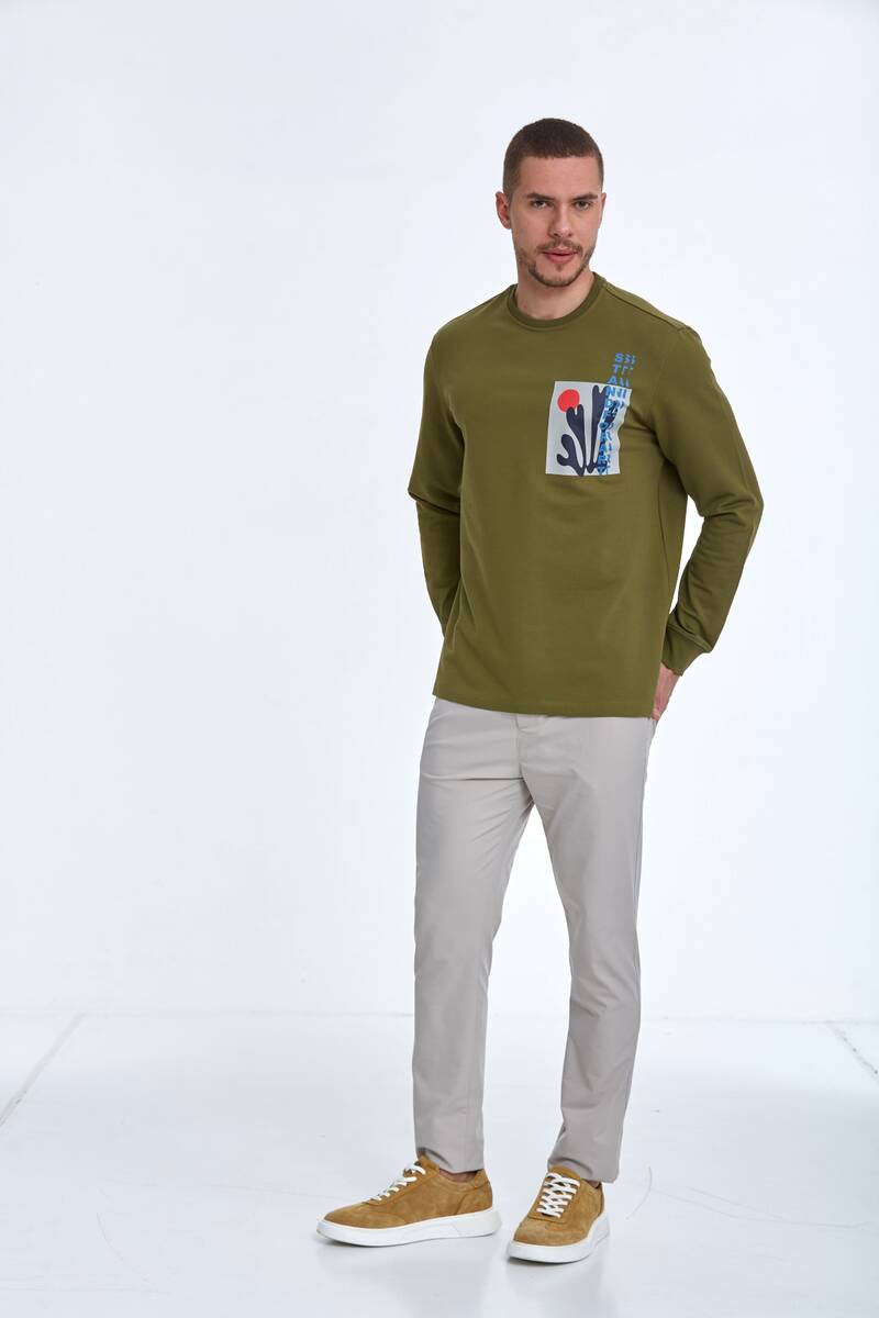 Pattern Bisiklet Yaka Erkek Sweatshirt Haki - 4