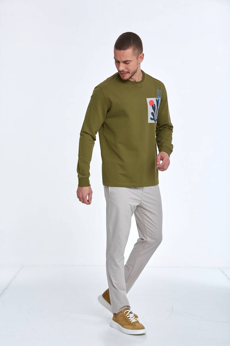 Pattern Bisiklet Yaka Erkek Sweatshirt Haki - 3