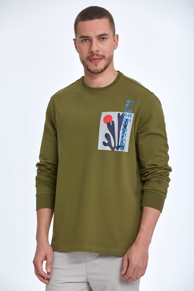 Pattern Bisiklet Yaka Erkek Sweatshirt Haki 