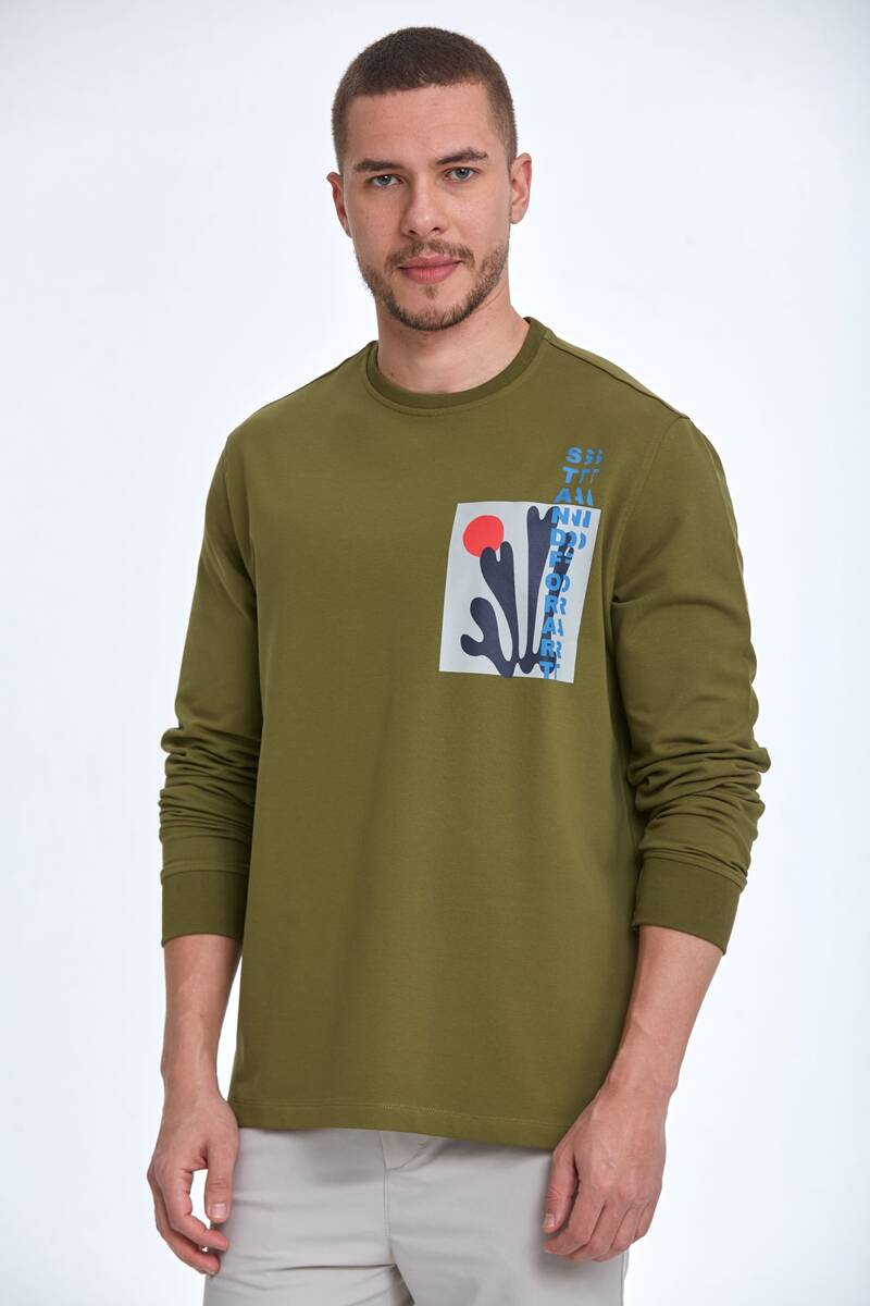 Pattern Bisiklet Yaka Erkek Sweatshirt Haki - 1