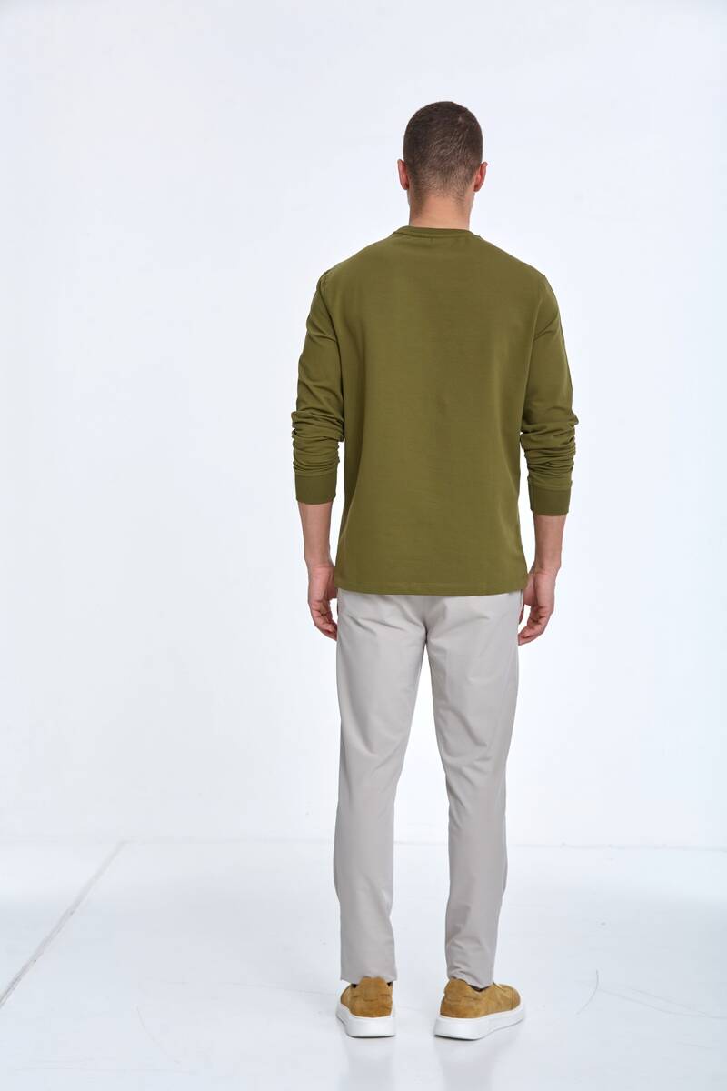 Pattern Bisiklet Yaka Erkek Sweatshirt Haki - 5