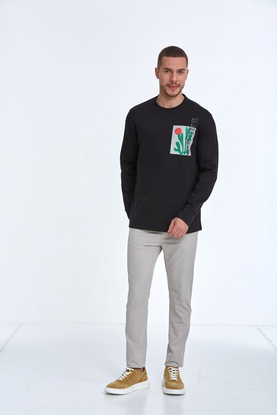 Pattern Bisiklet Yaka Erkek Sweatshirt Siyah - 2
