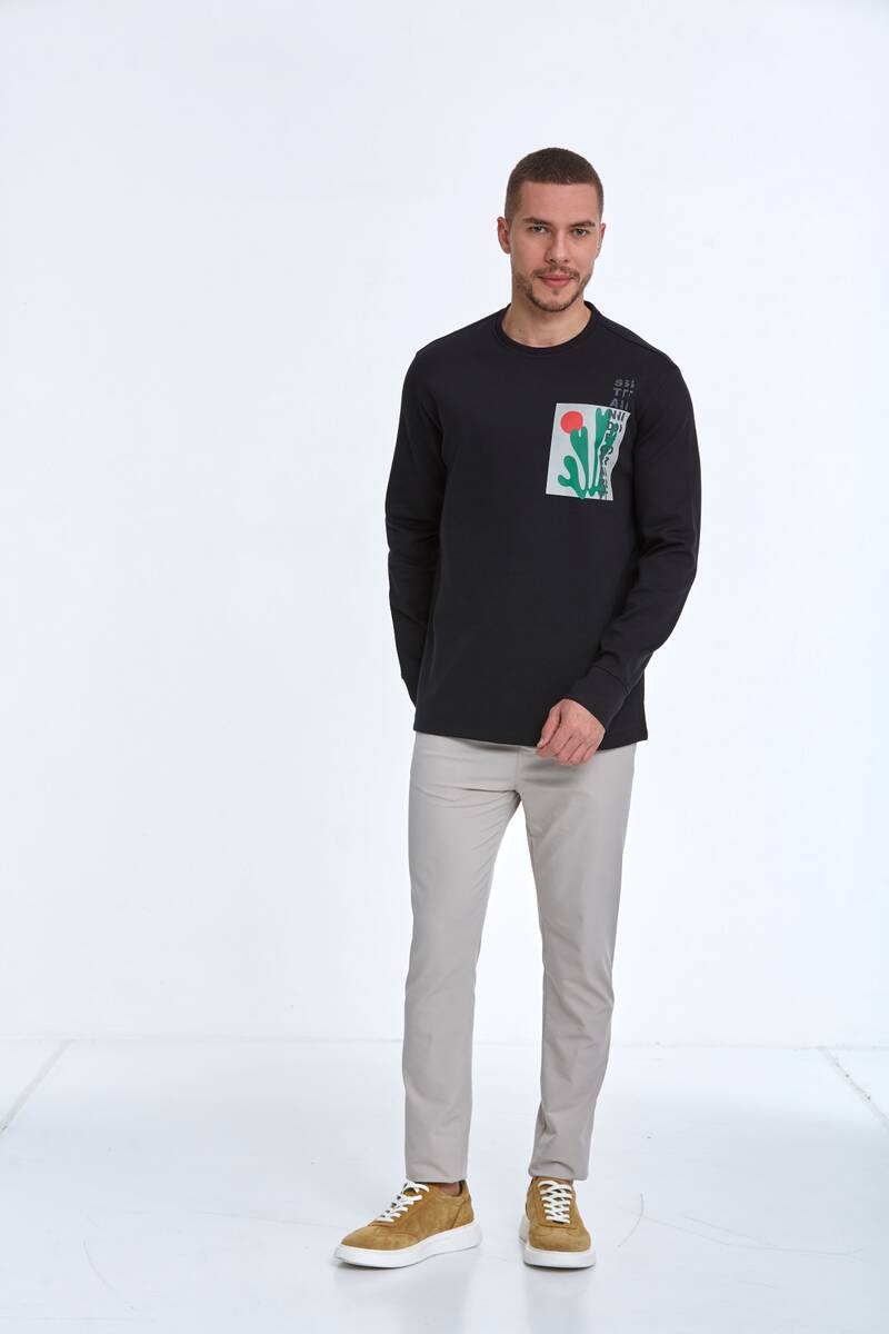 Pattern Bisiklet Yaka Erkek Sweatshirt Siyah - 2