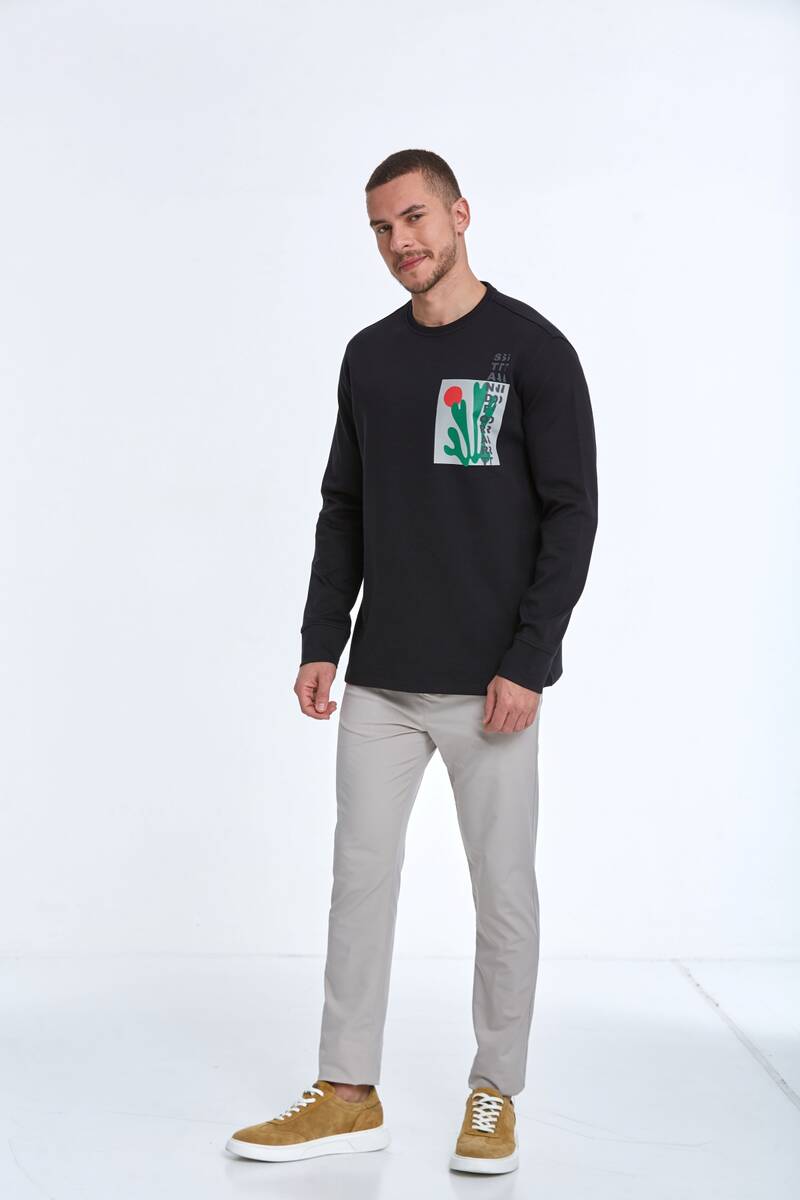 Pattern Bisiklet Yaka Erkek Sweatshirt Siyah - 4