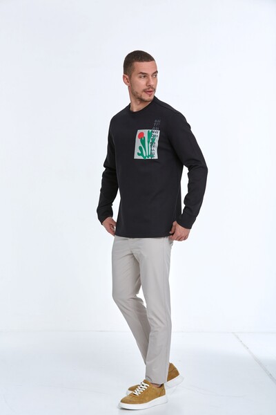 Pattern Bisiklet Yaka Erkek Sweatshirt Siyah - 5