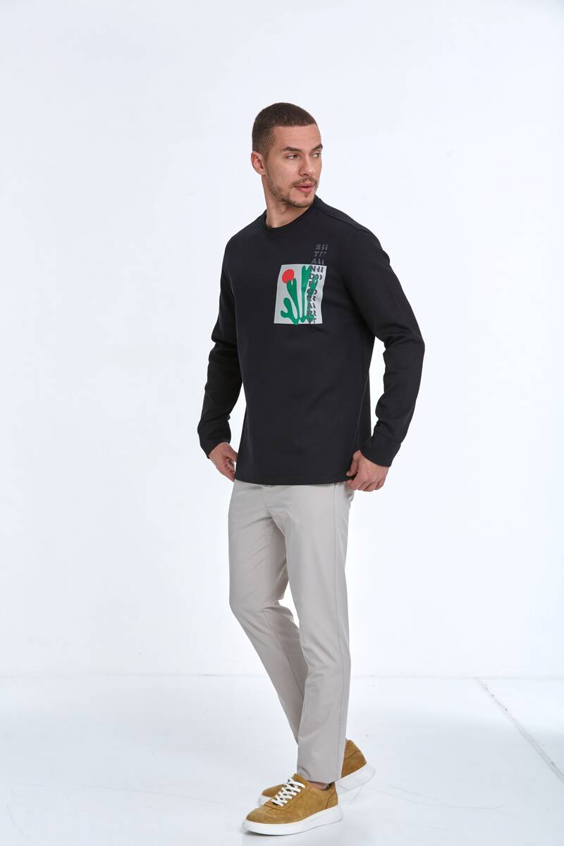 Pattern Bisiklet Yaka Erkek Sweatshirt Siyah - 5