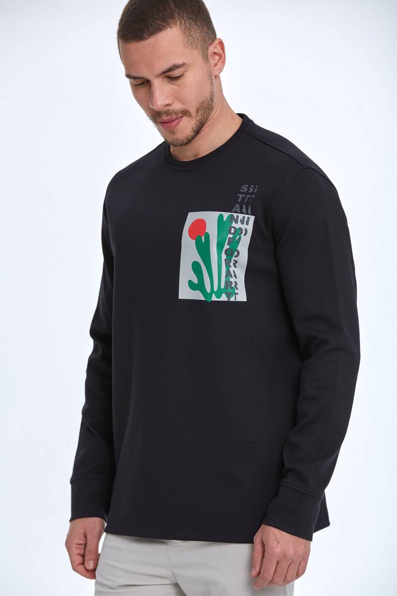 Pattern Bisiklet Yaka Erkek Sweatshirt Siyah - 1