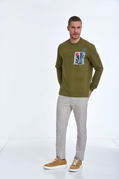 Pattern Crew Neck Men's Sweatshirt Khaki - 4