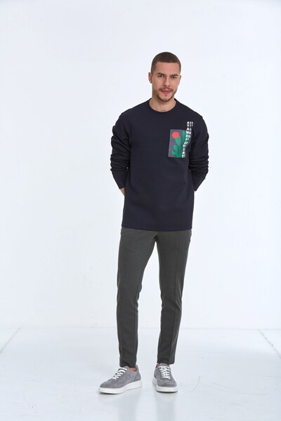 Pattern Crew Neck Men's Sweatshirt Navy Blue - 2