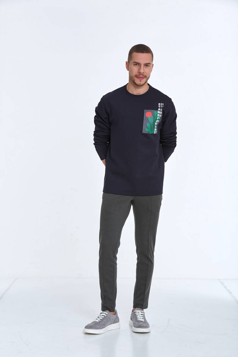 Pattern Crew Neck Men's Sweatshirt Navy Blue - 2