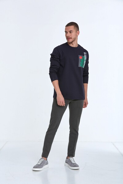 Pattern Crew Neck Men's Sweatshirt Navy Blue - 3
