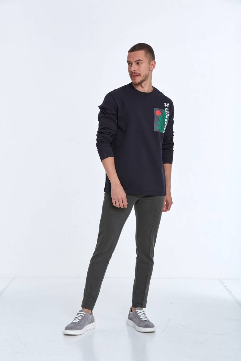 Pattern Crew Neck Men's Sweatshirt Navy Blue - 3