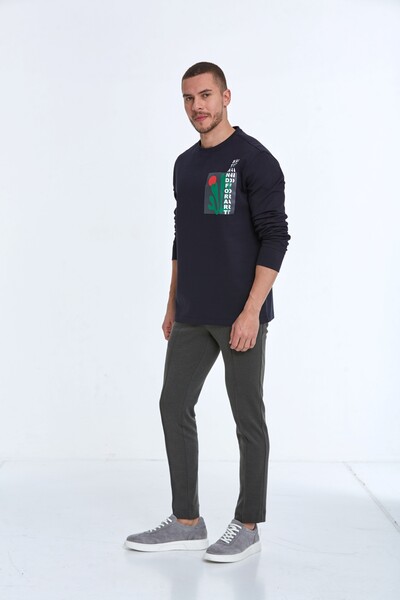 Pattern Crew Neck Men's Sweatshirt Navy Blue - 4