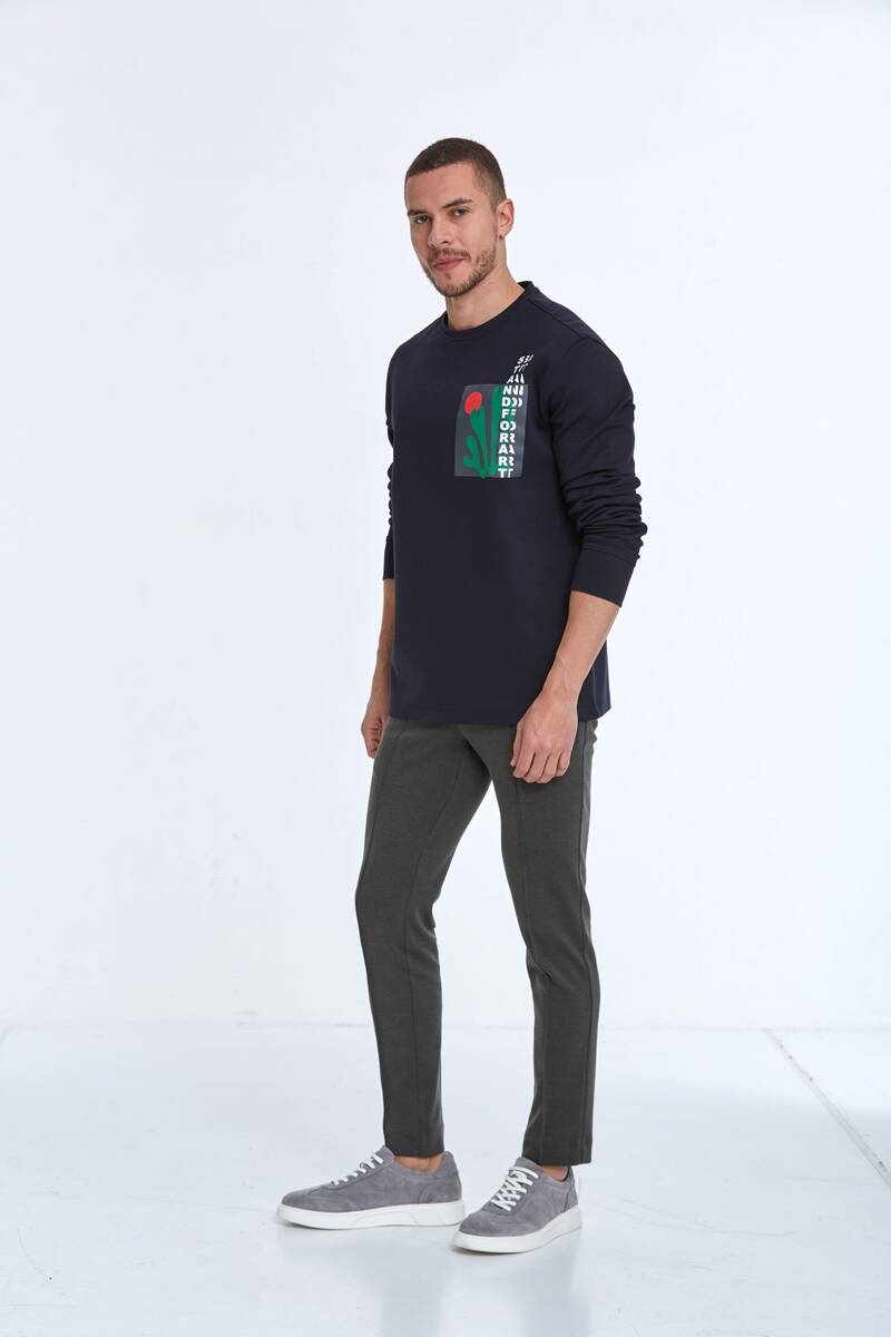 Pattern Crew Neck Men's Sweatshirt Navy Blue - 4