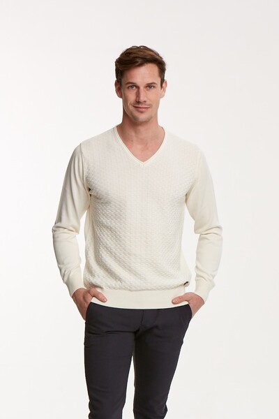 VOLTAJ - Patterned Coated V Neck Cotton Men's Knitwear Sweater
