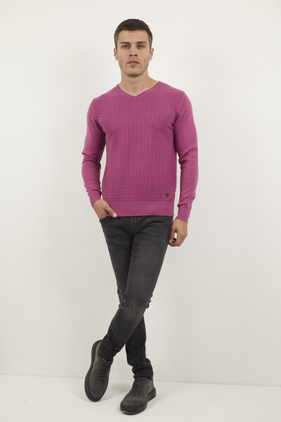 Patterned Coated V Neck Cotton Men's Knitwear Sweater - Thumbnail